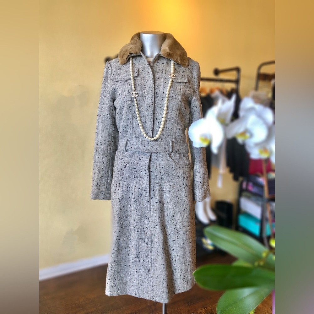 Korean Tweed Long Dress with Faux Fur